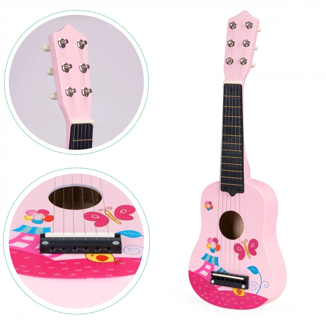 Dječja drvena gitara, metalne žice, roza ECOTOYS