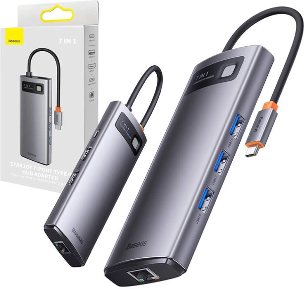Baseus 7-u-1 USB‑C hub metal gleam (3× USB 3.0, HDMI, VGA, Ethernet RJ45, PD 100 W)