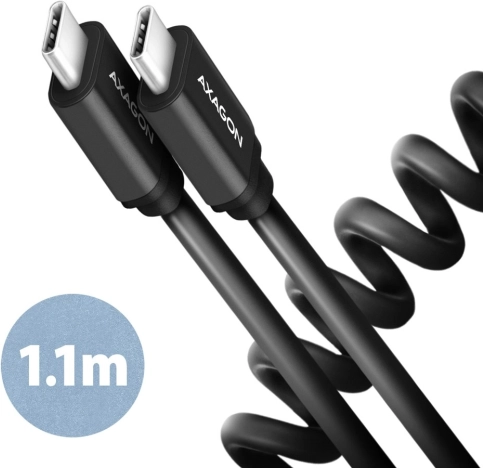 Axagon Twister USB‑C na USB‑C spiralni kabel 1,1 m, USB 2.0, 3 A, aluminijski, crni