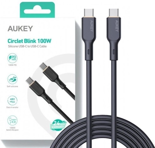 Aukey USB‑C kabel 1 m, silikonski, 100 W Power Delivery, 5 A, crni