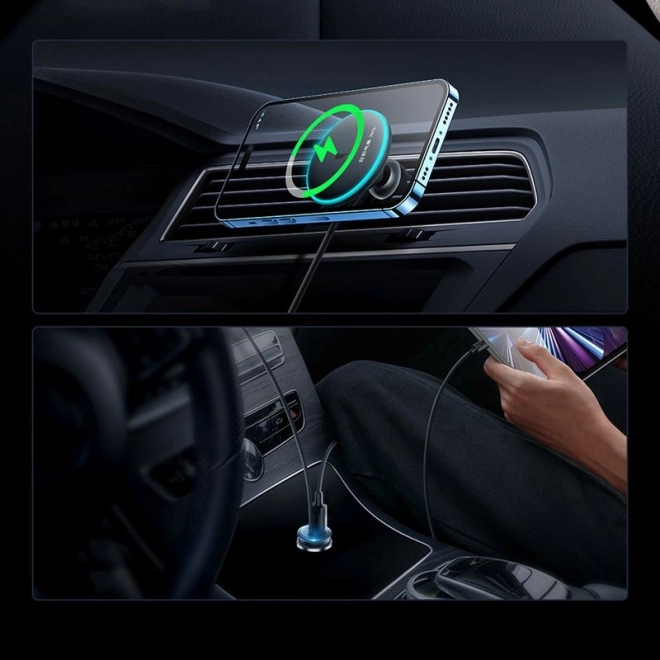 Magnetni držač telefona za auto Baseus CW01 za ventilacijsku rešetku s punjačem za auto USB-C, 15W + 25W (crni)