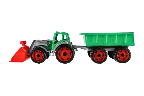 Traktor/nakladač/bager s prikolicom s plastičnom lopatom na slobodnu vožnju 2 boje u mrežici 16x61x16cm