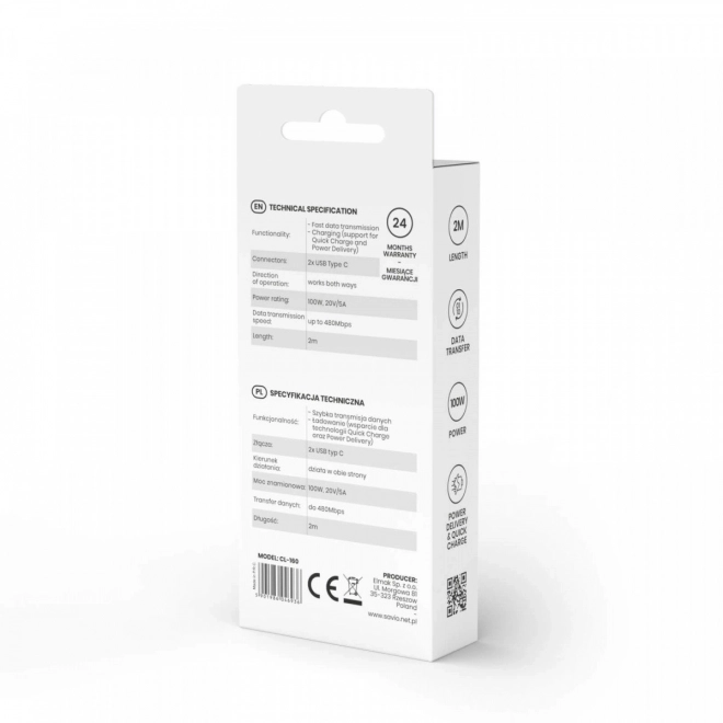 USB-C kabel Savio 5A 2m