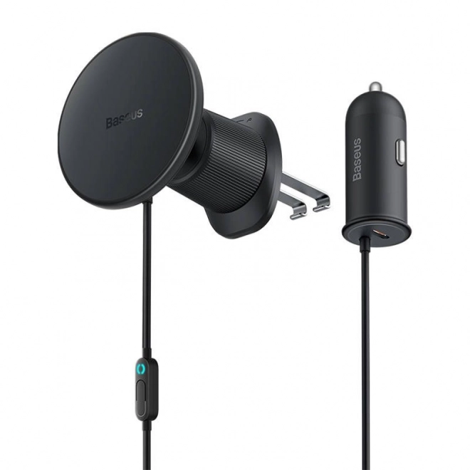 Magnetni držač telefona za auto Baseus CW01 za ventilacijsku rešetku s punjačem za auto USB-C, 15W + 25W (crni)