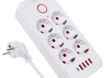Produžni prenaponski razdjelnik s 6 utičnica i 5× USB (4× USB‑A, 1× USB‑C), 2500 W, bijela