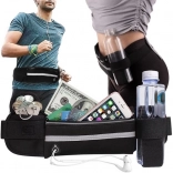 Trkačka torbica za struk s držačem za bocu, reflektirajućom trakom i otvorom za slušalice – crna